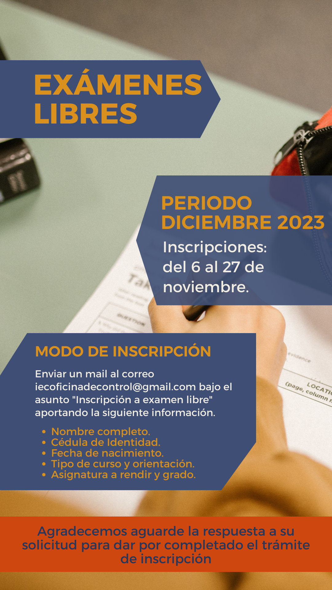 Lee más sobre el artículo EXÁMENES LIBRES – PERIODO DICIEMBRE 2023
