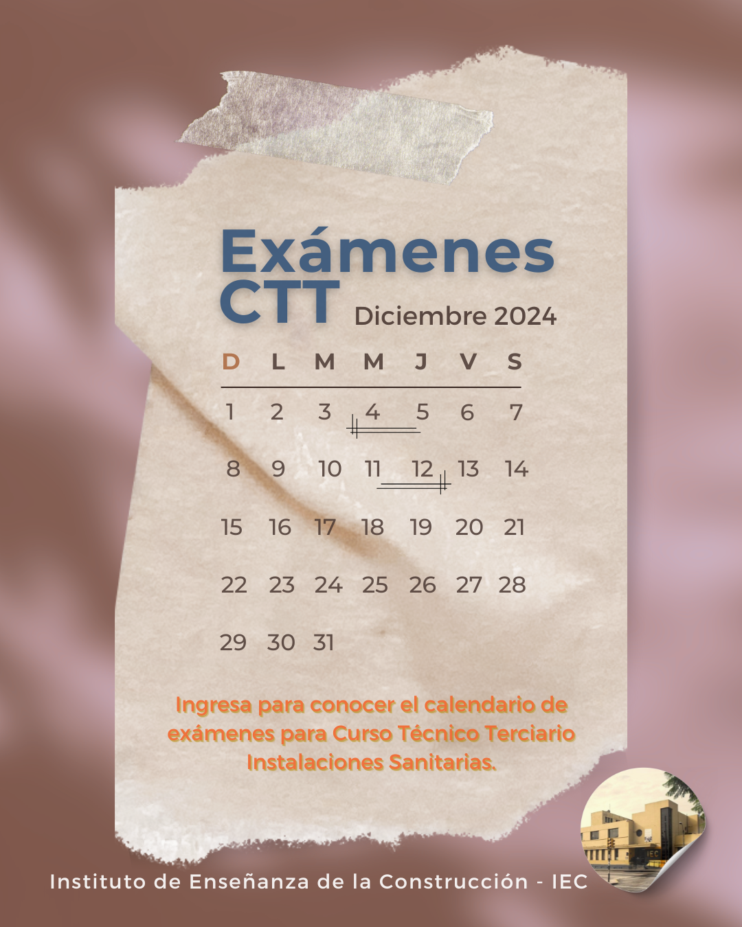 Lee más sobre el artículo Calendario de exámenes para CTT periodo diciembre 2024 – Instalaciones Sanitarias.