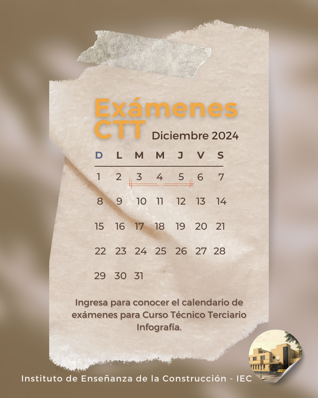 Lee más sobre el artículo Calendario de exámenes para CTT periodo diciembre 2024 – CTT Infografía y Tecn. de la Construcción