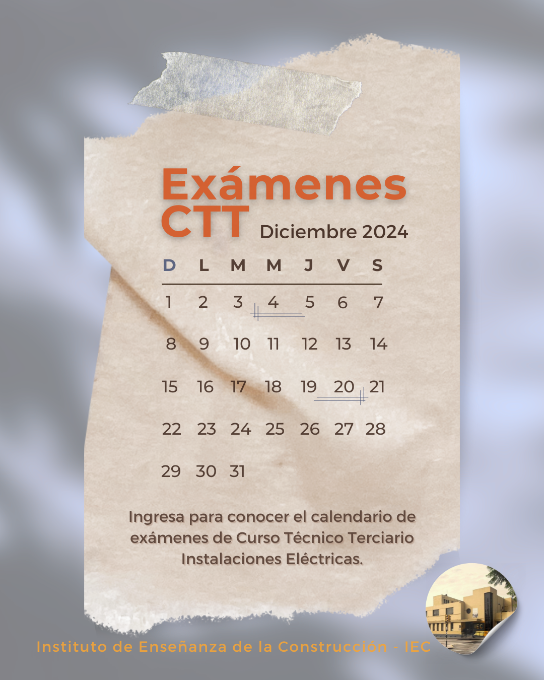 Lee más sobre el artículo Calendario de exámenes para CTT periodo diciembre 2024 – CTT Instalaciones Eléctricas.