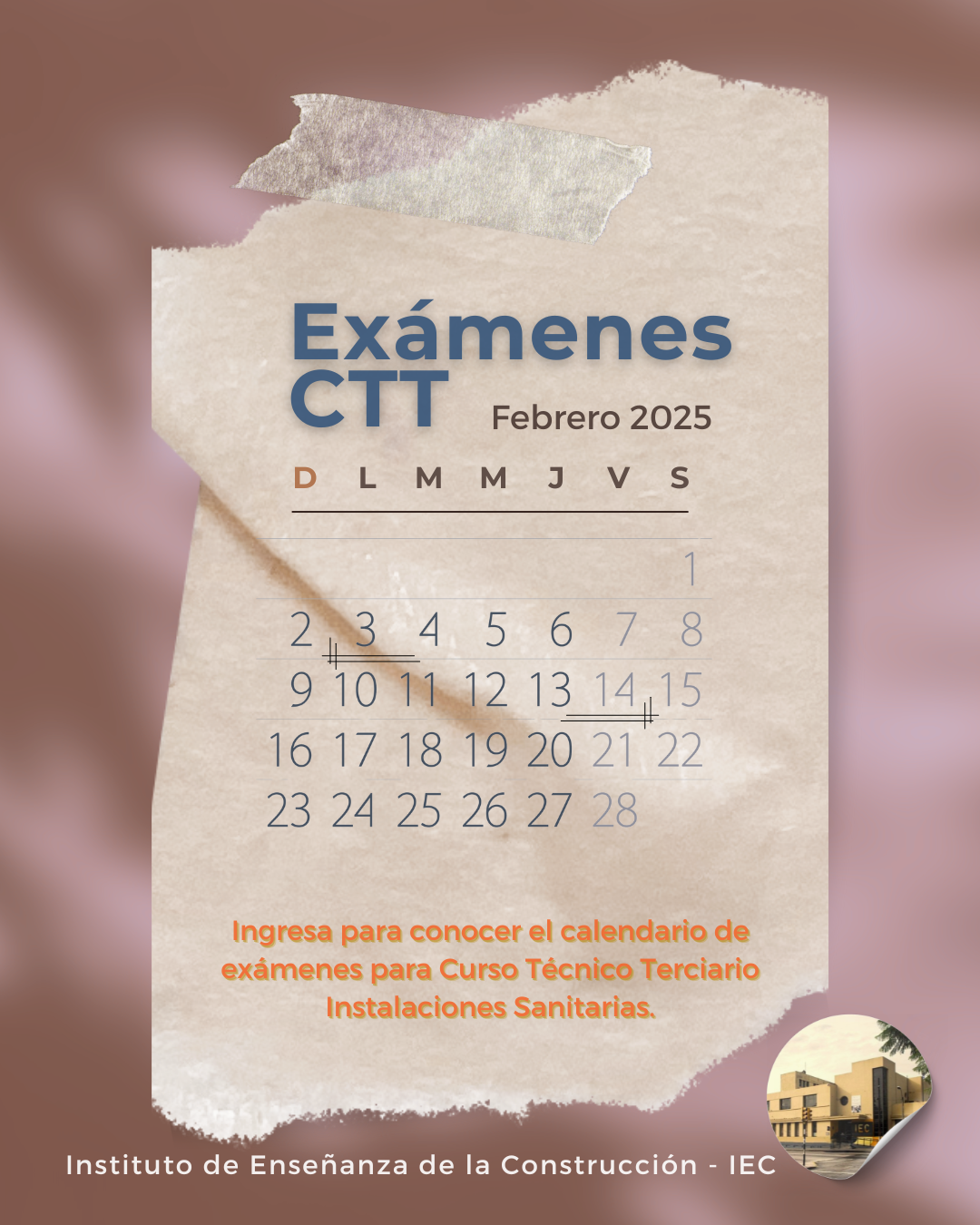 Lee más sobre el artículo Calendario de exámenes para CTT periodo febrero 2025 – Instalaciones Sanitarias.