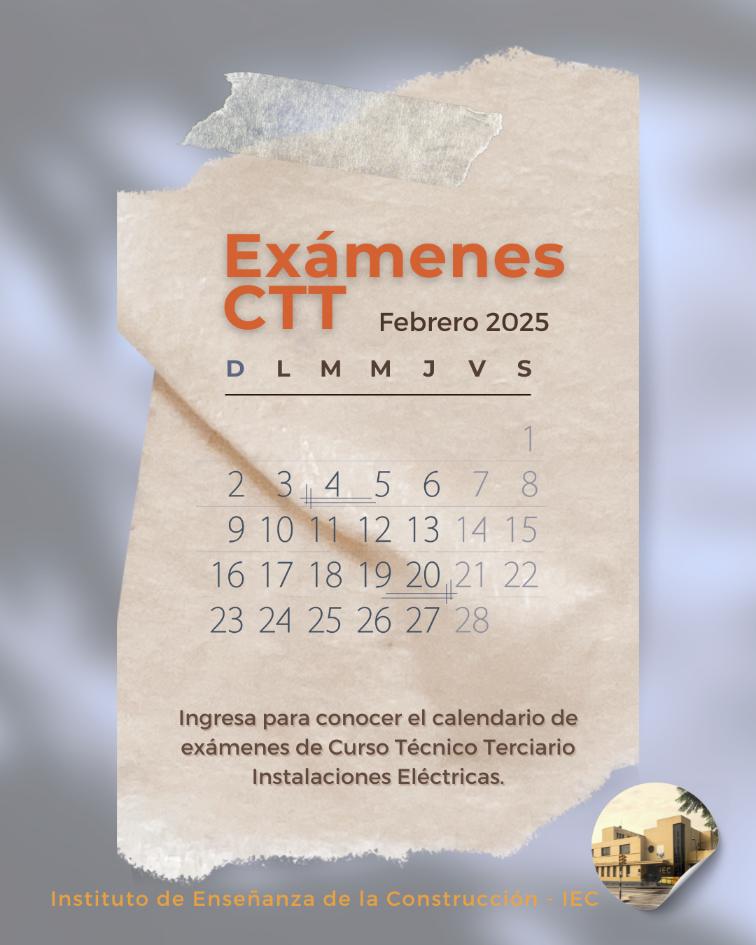 Lee más sobre el artículo Calendario de exámenes para CTT periodo febrero 2025 – CTT Instalaciones Eléctricas.