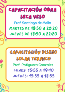 Lee más sobre el artículo ¡ATENCIÓN ESTUDIANTES!  HORARIOS DE CAPACITACIONES: OBRA SECA YESO, DISEÑO SOLAR TÉRMICO